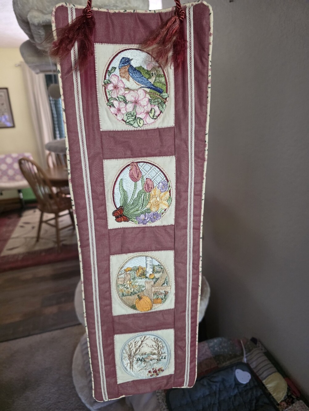 Handcrafted Maroon Seasonal Wall Hanging with Embroidered Panels